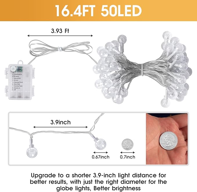 16.4ft 50LED Globe String Lights Indoor Bedroom Battery Operated, Crystal Fairy Lights IP44 Waterproof Outdoor Hanging Decorative Lights for Home Tent Patio Garden Party Wedding Decor-VerdiqueGarden