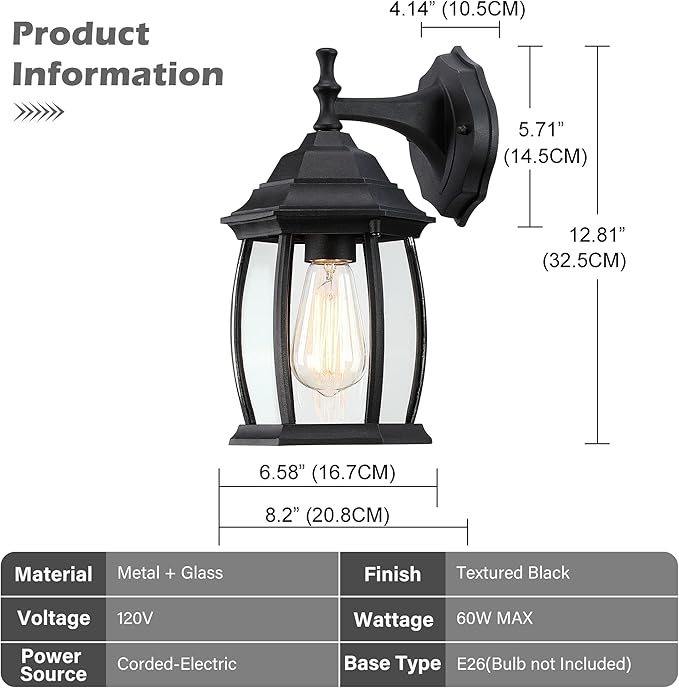 Pia Ricco Outdoor Wall Lights, Textured Black Exterior Light Fixtures with Clear Glass Shade, Waterproof Front Porch Lighting, Modern Sconces Lantern for Outside, House, Garage, E26 Socket, ETL Listed-VerdiqueGarden
