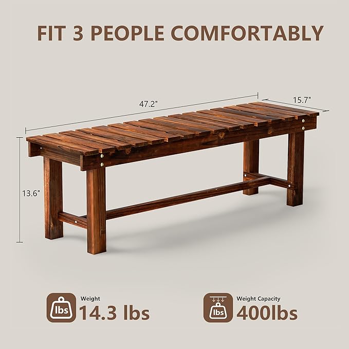 Outdoor Garden Bench, Weatherproof Patio Benches 3-Person Seat Backless Wooden Porch Bench, Multifunctional Slat All Weather Bench for Garden Lawn Porch Park Backyard (Carbonized Brown, 47.2 inch)-VerdiqueGarden