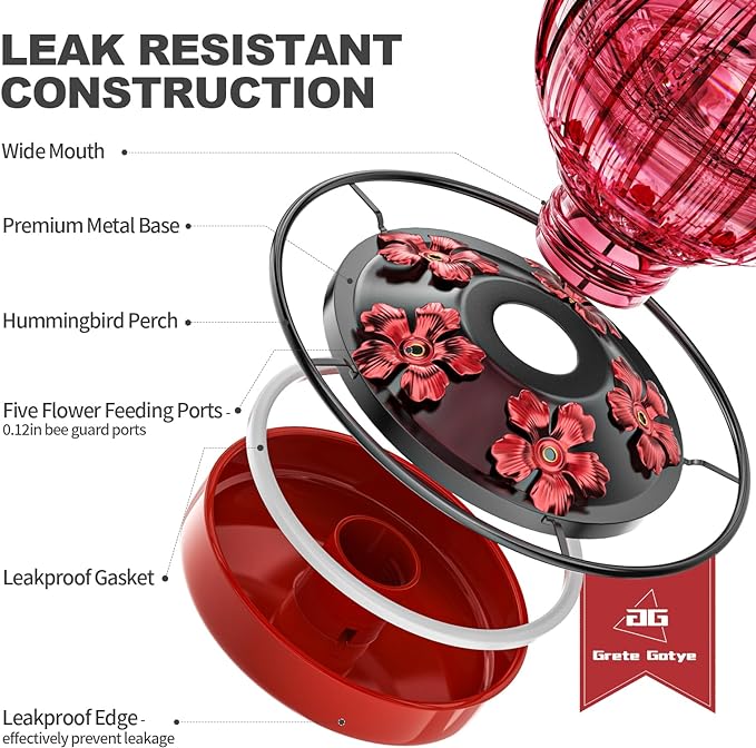 Glass Hummingbird Feeder for Outdoors Hanging, 26Oz Bird Nectar Feeder with Perch & 5 Flower Feeding Ports, Leak Proof for Outside Garden Decor Backyard, Gifts for Women Mom, Red-VerdiqueGarden