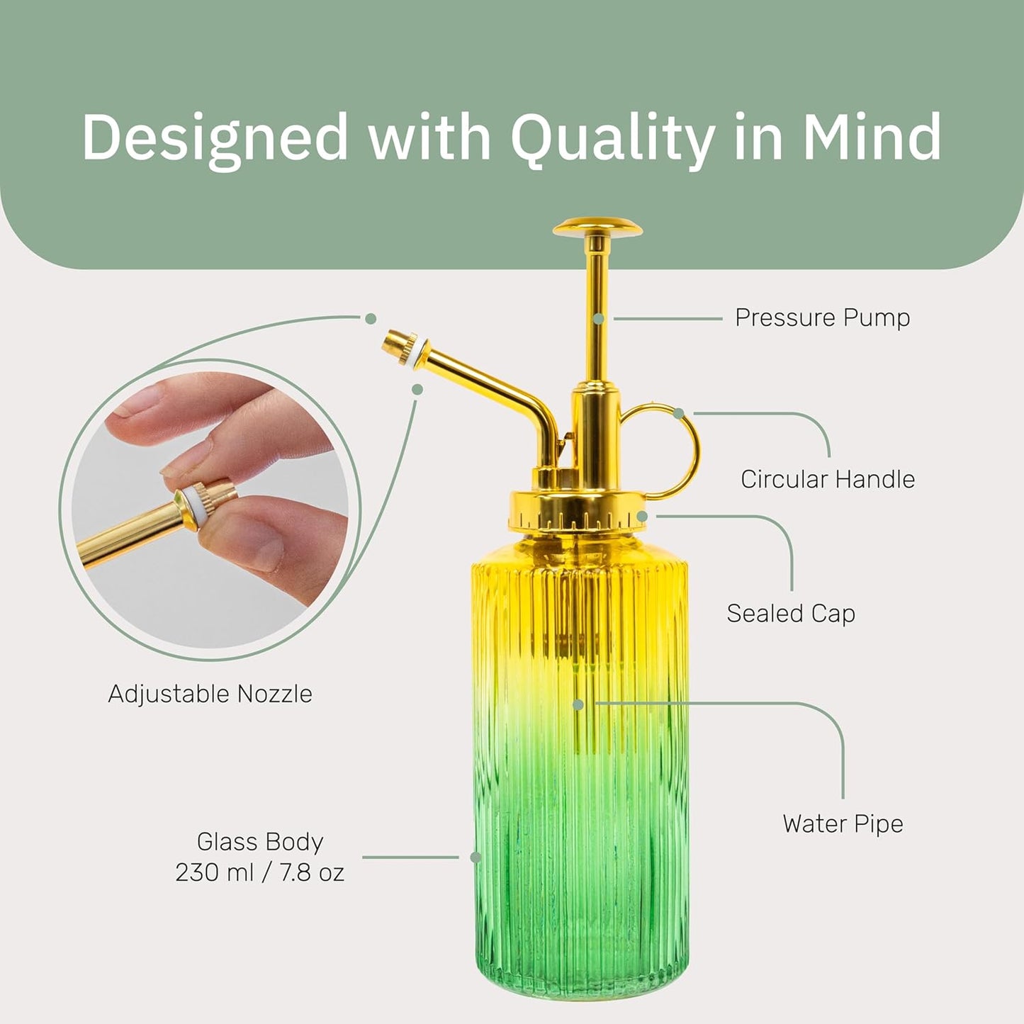Useful Co. Yellow & Green Glass Plant Mister for inside, Mister for Plants, Plant Sprayer Mister, Decorative Plant Mister Spray Bottle with Adjustable Nozzle for indoor plants (230ml/ 7.8oz)-VerdiqueGarden
