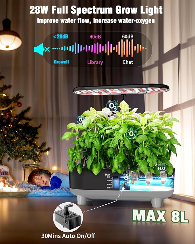 Hydroponics Growing System Kit, 16 Pods Indoor Garden with 28W Full Spectrum LED Grow Light, Auto Timer, 3 Smart Light Modes, 8L Large Herb Garden, Ideal Gardening Gift for Women, Men (Black)-VerdiqueGarden