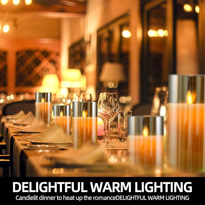 JOSU Flameless Candles 4" 5" 6" Set of 3 Outdoor Indoor Fake Pillars Gold Glass LED Battery Operated Candles Include 10-Key Remote Timer for Wedding Party Halloween Christmas Thanksgiving Fall Diwali-VerdiqueGarden