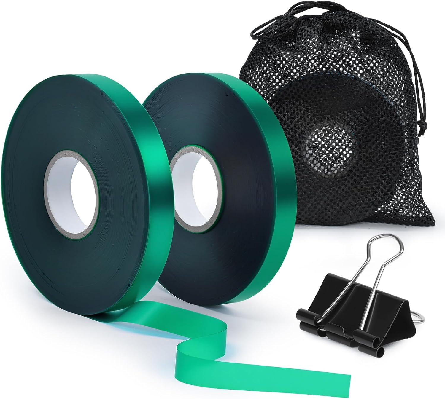 2 Rolls Plant Tie Tape, 0.5 in × 197 ft Each (394 ft Total) – Soft Stretch PVC Garden Ties, Reusable Non-Adhesive, with Binder Clip & Mesh Storage Bag for Tomato, Vine, Flower & Tree Suppor-VerdiqueGarden