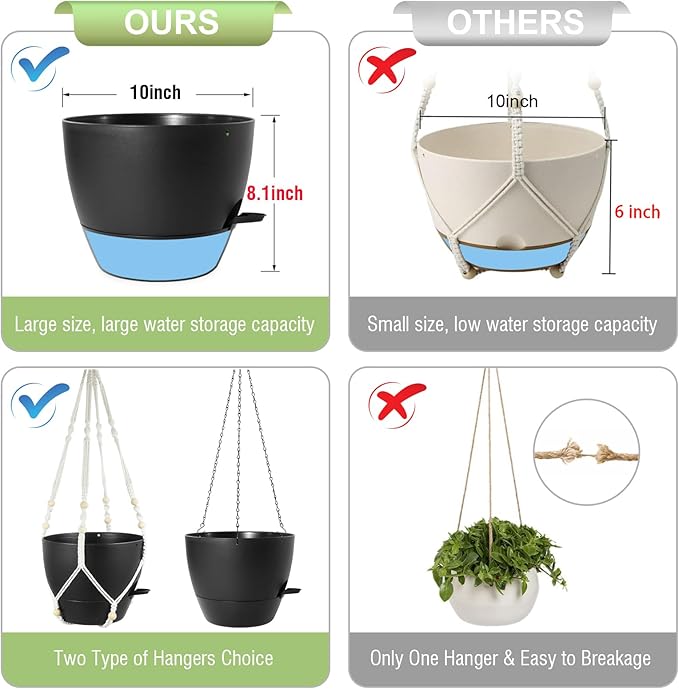 10 inch Self Watering Hanging Planters, 2 Pack Hanging Baskets for Indoor Outdoor Plants, Hanging Flower Pots with Drainage Holes & 2 Kinds of Plant Hangers for Garden Home Decor, Black-VerdiqueGarden