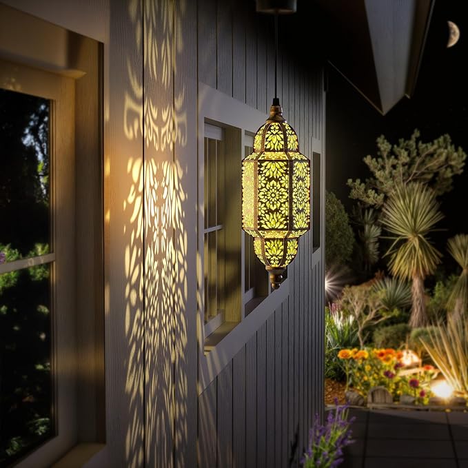 Twinkya 2 Pack Hanging Solar Lights Outdoor Garden Decorative Solar Lantern Waterproof Metal Moroccan Outdoor Decorations for Patio Pathway Yard Porch Backyard Garden Decor (Gold, 2 Pack)-VerdiqueGarden