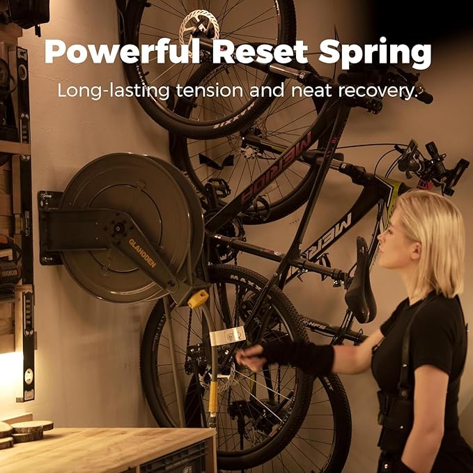 Double Arm Retractable Air Hose Reel, 3/8 in × 65 ft Hybrid Hose Heavy Duty Steel Professional Air Compressor Hose Reel with 5 ft Lead in Max 300PSI Auto Rewind Quick Coupler Swivel Fitting-VerdiqueGarden