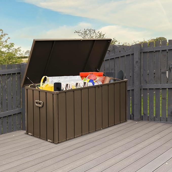 Domi Outdoor Storage Deck Box 120 Gallon, Waterproof Lockable Steel Outdoor Storage Container for Outside Cushions, Garden Tools and Pools Equipment, (Brown)-VerdiqueGarden