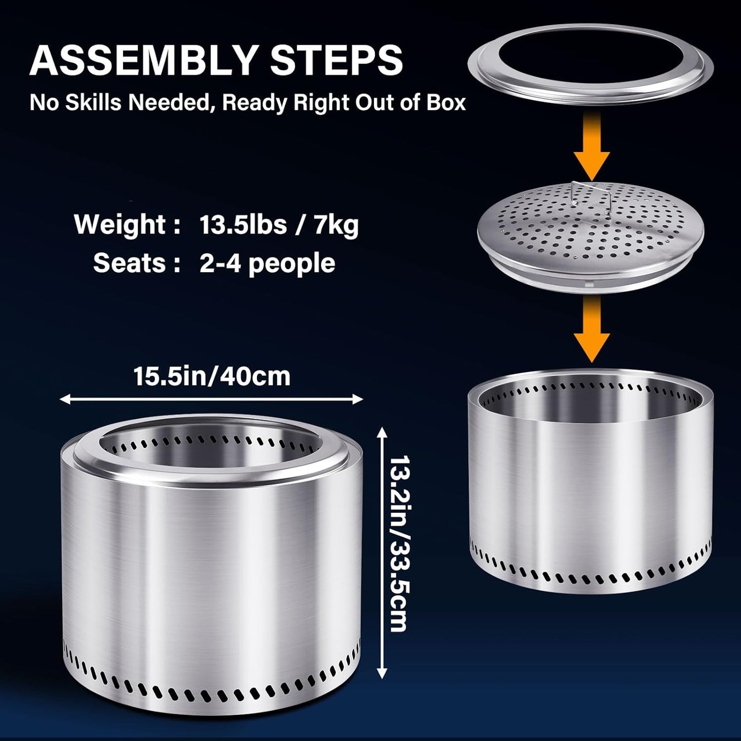 HGD 15.5" Smokeless Fire Pit Outdoor, Stainless Steel Wood Burning Firepit with Secondary Combustion, Backyard Patio Stove for Garden, BBQ & Bonfire-VerdiqueGarden