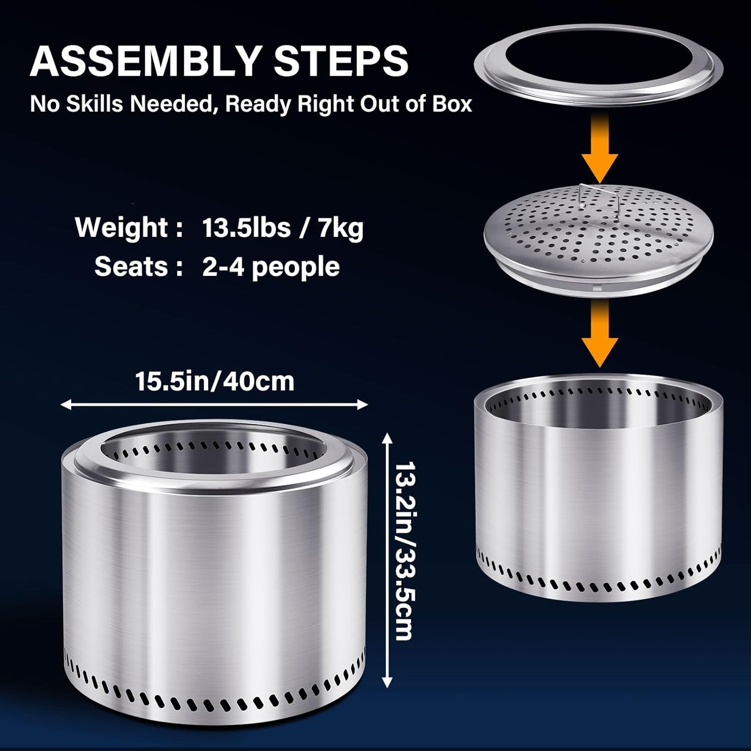 HGD 15.5" Smokeless Fire Pit Outdoor, Stainless Steel Wood Burning Firepit with Secondary Combustion, Backyard Patio Stove for Garden, BBQ & Bonfire-VerdiqueGarden