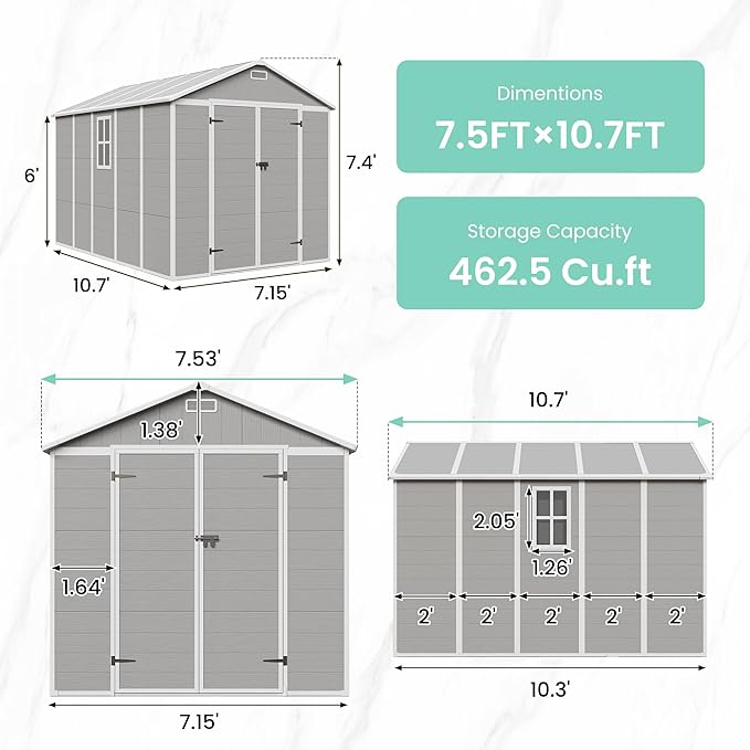 UDPATIO Outdoor Storage Shed 7.5x10.7 FT, Grey & White Resin & Steel Shed with Lockable Door for Backyard, Patio, Lawn-VerdiqueGarden