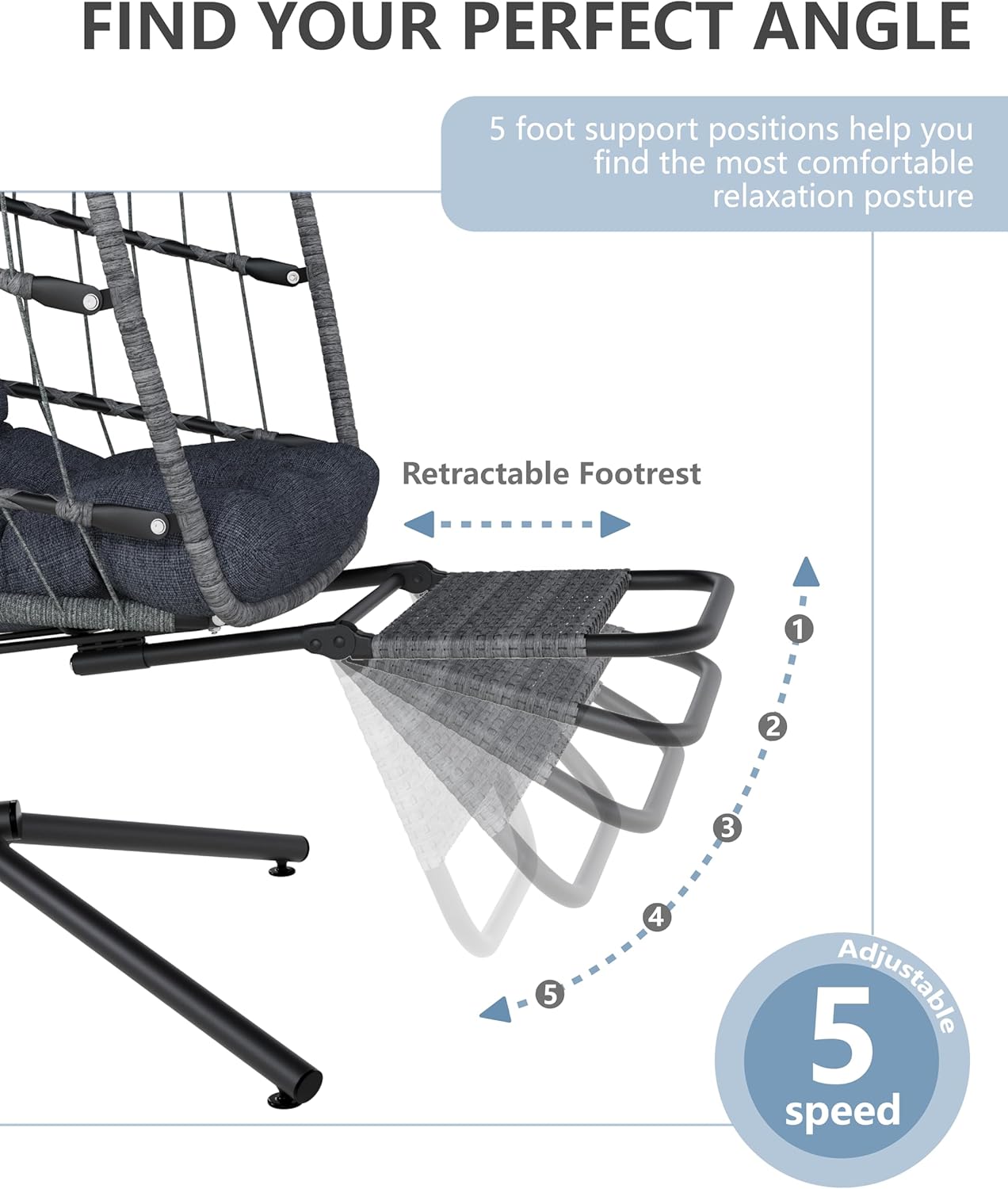 SWITTE Egg Chair Outdoor with Footrest & Stand, Indoor Wicker Hanging Egg Swing Chair with Cushion for Patio, Bedroom, Garden - Dark Gray-VerdiqueGarden