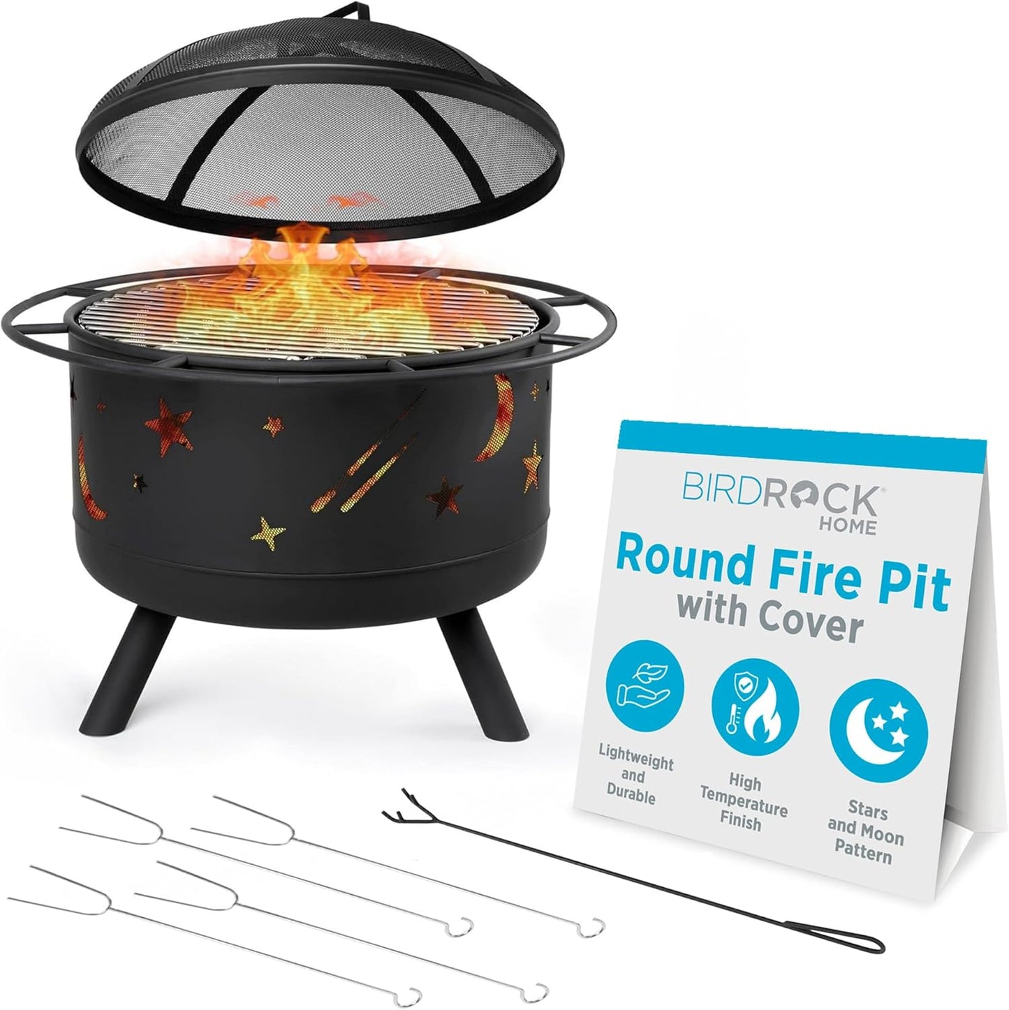 BIRDROCK HOME 30″ Round Wood-Burning Fire Pit – Portable Outdoor Patio & Garden Fire Bowl with Stars & Moon Cut-Outs, Spark Screen, Built-in Grate, 4 Roasting Sticks & Fire Poker - Black-VerdiqueGarden