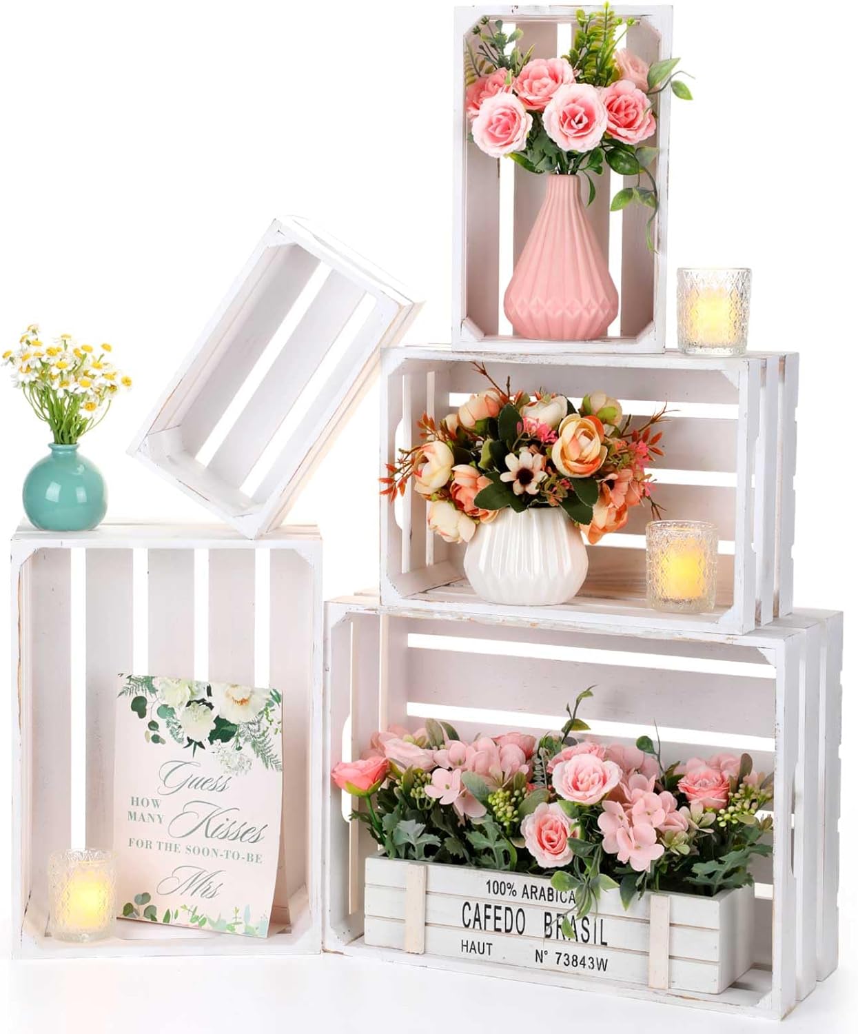 Soaoo 5 Pcs Decorative Nesting Wooden Crates for Storage Display 5 Size Large Small Rustic Wood Decorative Storage Crates with Handle Farmhouse Crate Box Container Made from Pine(Painted White)-VerdiqueGarden