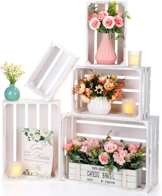 Soaoo 5 Pcs Decorative Nesting Wooden Crates for Storage Display 5 Size Large Small Rustic Wood Decorative Storage Crates with Handle Farmhouse Crate Box Container Made from Pine(Painted White)-VerdiqueGarden