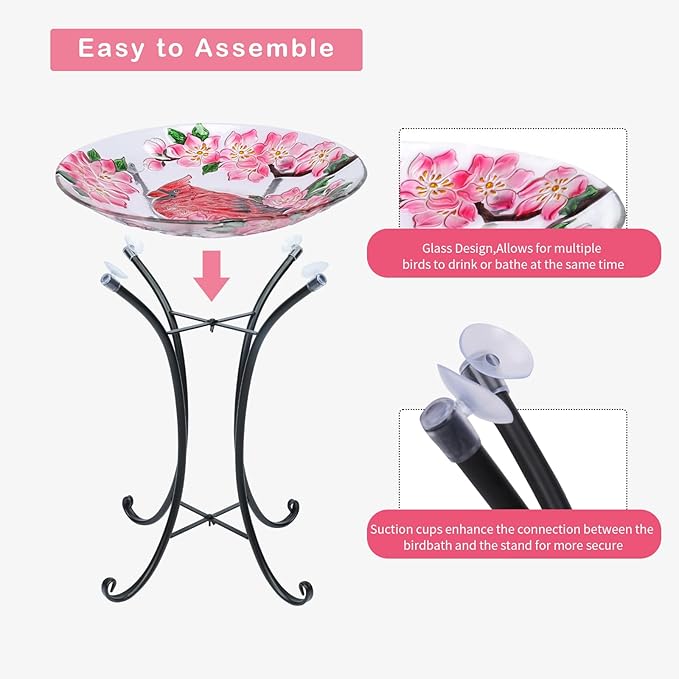 VCUTEKA Bird Baths for Outdoors, Glass Bird Bath with Metal Standing for Garden, Yards Patio Décor, Bird Lovers Gift, Cardinal Glass Birdbath Detachable (22" H * 18" W)-VerdiqueGarden