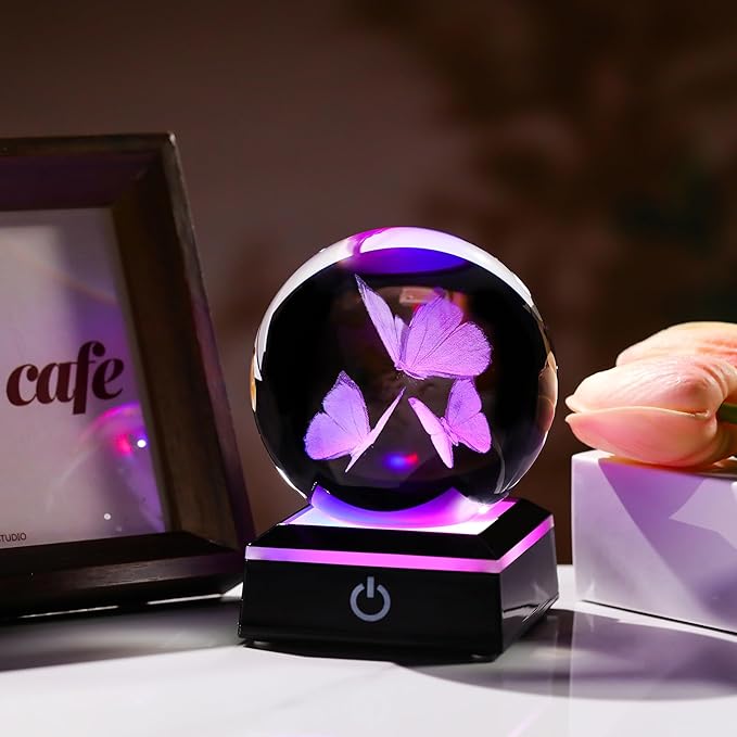 Qianwei Butterfly Gifts for Women 3D Crystal Ball 3.14'' - 80mm Laser Decor Glass Animals Figurines Statue for Room Decorations Night Light-VerdiqueGarden