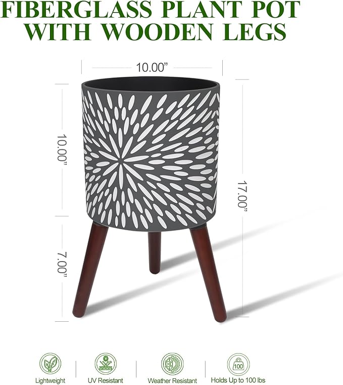 10 Inches Plant Pot with Stand, Large Modern Standing Planters for Indoor Plants with Drainage Holes, Gray Flower Pots with Legs-VerdiqueGarden