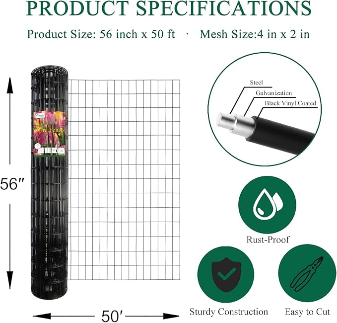 Black PVC Coated Welded Wire Fence 56 Inch x 50 Foot, 2 Inch x 4 Inch 14GA, Garden Border Fencing Roll Vinyl Coating Metal Wire Mesh Hardware Cloth for Yard Vegetable Plant Protection-VerdiqueGarden