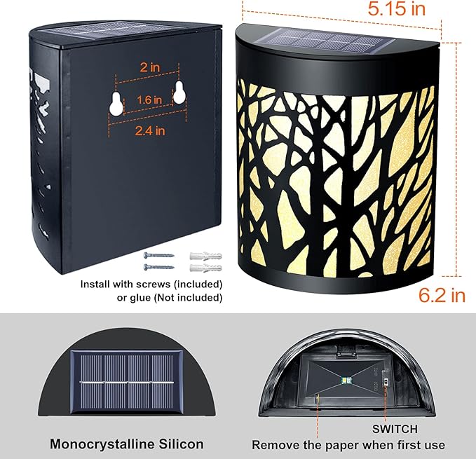 DenicMic Solar Wall Lights Outdoor Wall Sconce Fence Lighting for Patio Front Door Yard Deck Stair Led Forest Decorative Lamps, Waterproof, Warm White/Color Changing (4 Pack)-VerdiqueGarden