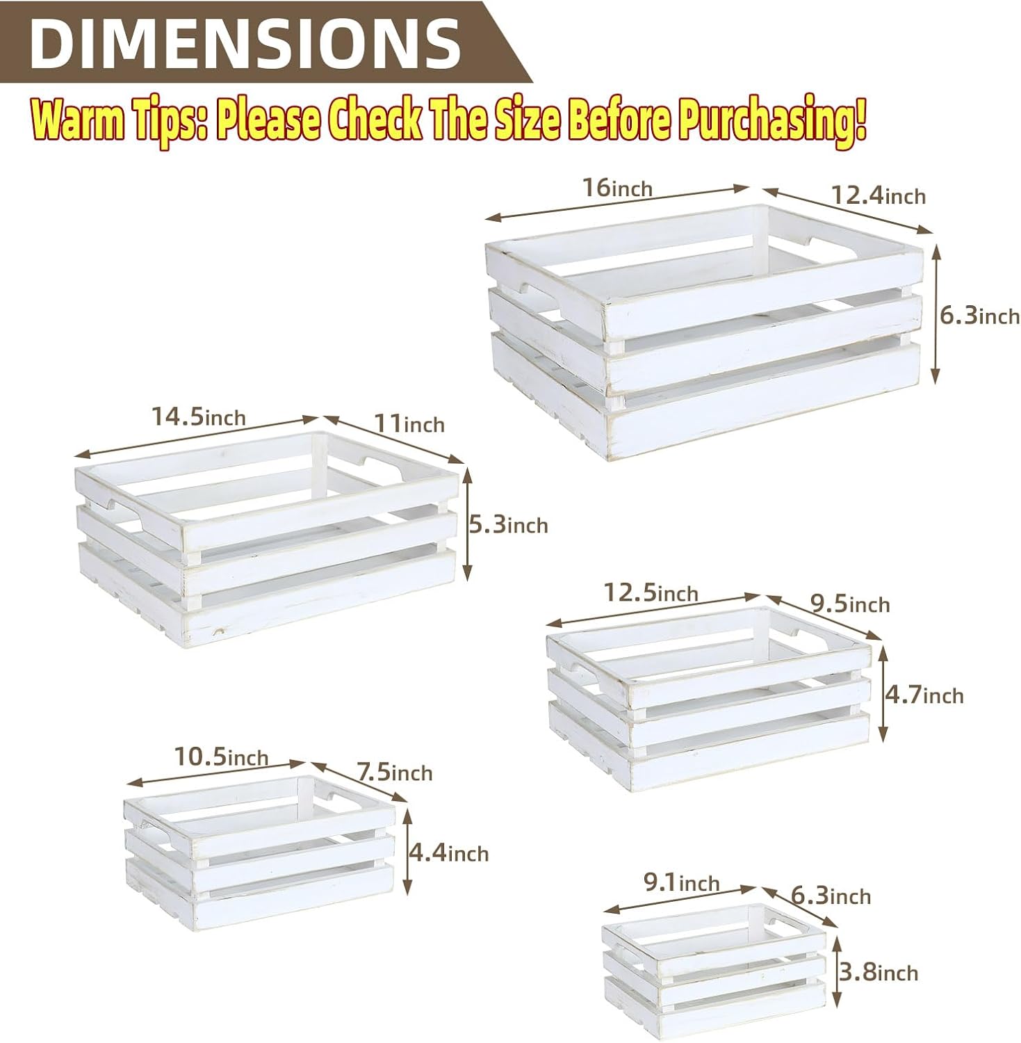 5-Piece Farmhouse Wooden Crate Set - Rustic Wooden Crates for Display and Storage, Large Whitewashed Decorative Crates, Farmhouse Apple Crates, Painted Wood Crates for Decor-VerdiqueGarden