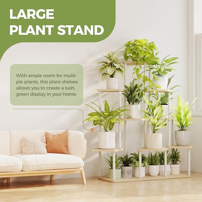 Bamworld Large Plant Stand Indoor, 9 Tier Tall Metal Plant Shelf for Multiple Plants, Tiered Flower Stand for Patio Garden Balcony Living Room Bedroom(White)-VerdiqueGarden