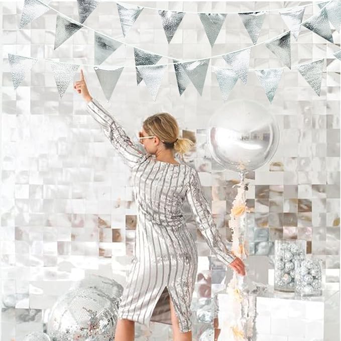 Silver Party Decorations Metallic Fabric Triangle Pennant Banner Silver Flag Bunting Garland for Graduation Birthday Wedding Bridal Shower Anniversary Engagement Bachelorette Party Decoration Supplies-VerdiqueGarden