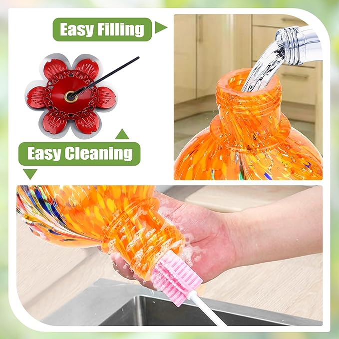 BOLITE Hummingbird Feeder, Hand Blown Glass Hummingbird Feeders for Outdoors Hanging, with Ant Moat and 5 Feeding Ports, 22 Ounces, Peony Flower Shape, Orange, Gifts for Women Men, Gifts for Mom Dad-VerdiqueGarden