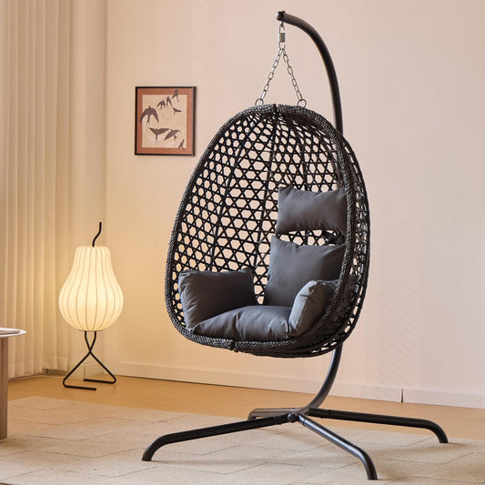 Indoor Hanging Chair with Stand for Bedroom, Hexagon Rattan Wicker Swing Egg Chair for Bedroom Porch Garden Patio Outdoor, Hammock Egg Swing Chair with Cushion,350LBS Capacity(Dark Grey)-VerdiqueGarden