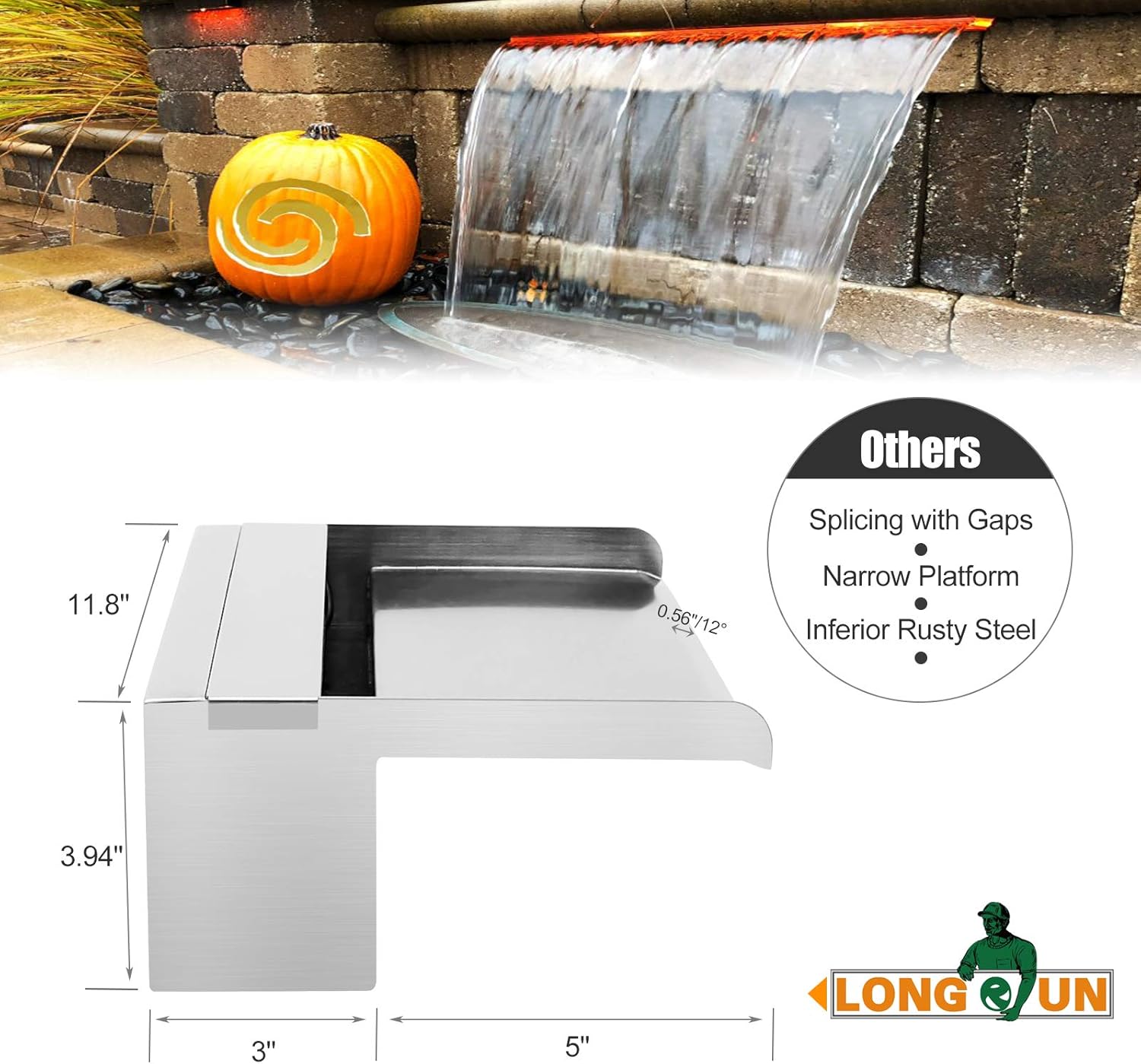 LONGRUN Waterfall Spillway Stainless Steel Pond Waterfalls with Color Changing LED Light, Outdoor Pool Fountain Water Spillway Waterfall Kit for Garden Patio Swimming Pool Koi Ponds Decoration-11.8"-VerdiqueGarden