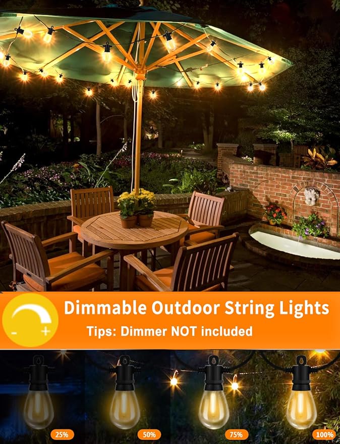 Achin 26FT LED Outdoor String Lights, Patio Lights Waterproof with 13+1 S14 Edison Shatterproof Bulbs, 2200K Dimmable Outside Hanging Lights, String Lights for Outside Backyard Bistro Market Pergola-VerdiqueGarden