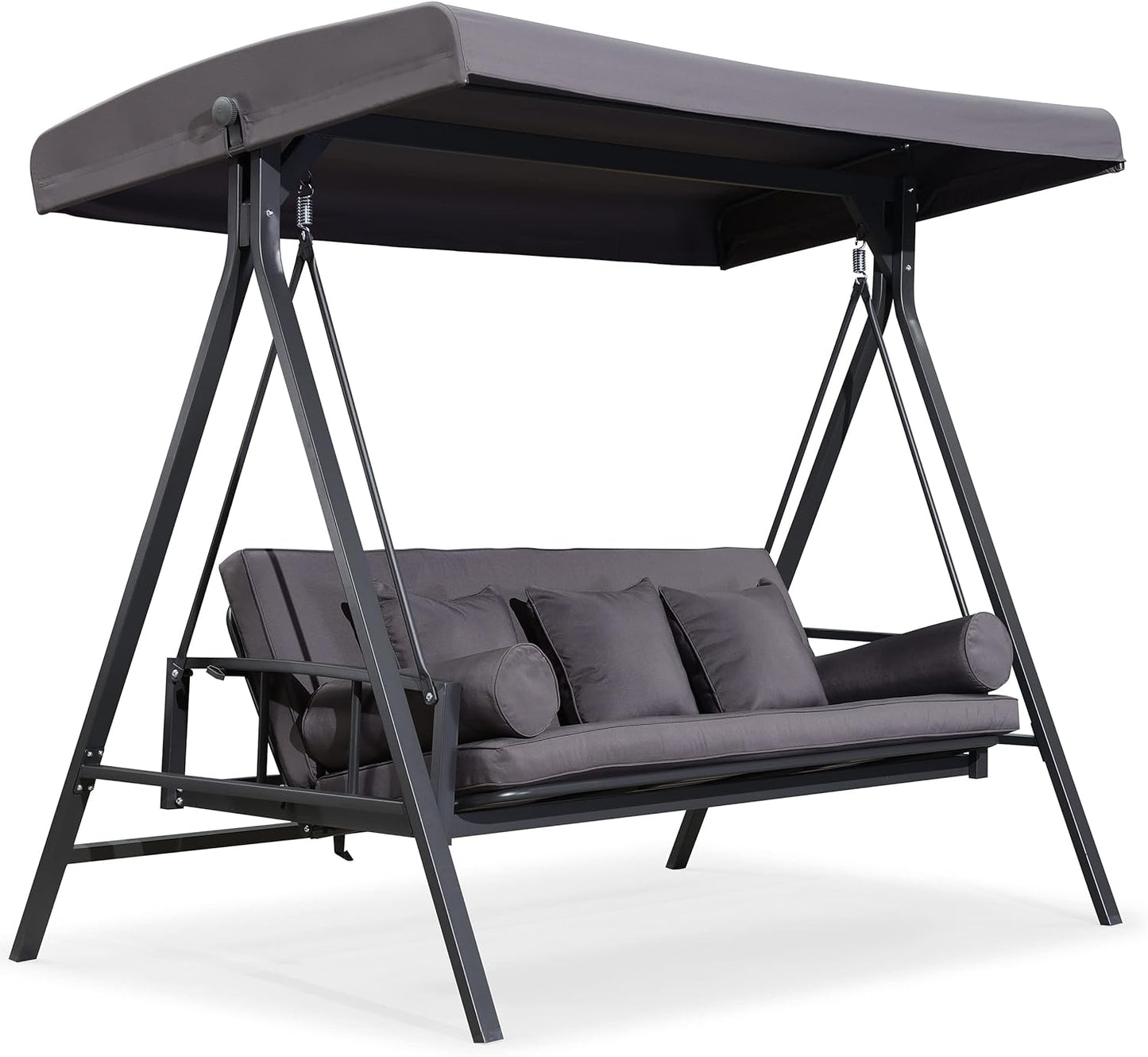 PURPLE LEAF Outdoor Patio Porch Swing Adjustable Backrest, 3-seat Swing Chair with Weather Resistant Steel Frame for Backyard Front Porch Lawn, Cushion and Pillows Included, Grey-VerdiqueGarden