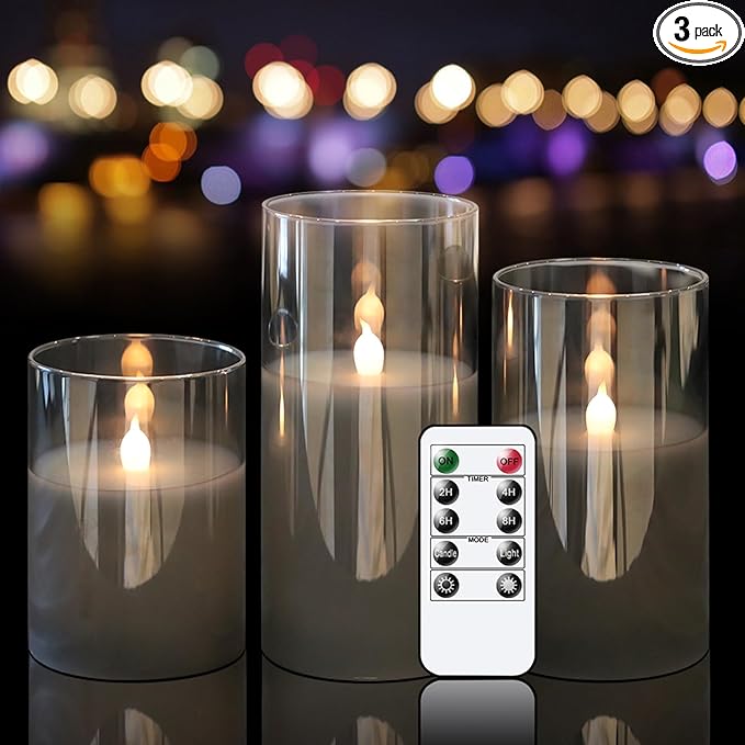 LED Flickering Candles with Remote Timer,Glass Flamless Pillar Candles Real Wax with 3D Wick Realistic,Warmth Decoration for Wedding Home Festival (Grey)-VerdiqueGarden
