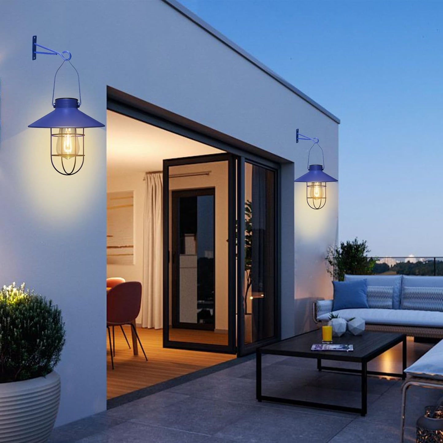 pearlstar Solar Lantern Outdoor Hanging Light Metal Farmhouse Solar Lamp with Warm White Edison Bulb Design for Garden Yard Patio Proch Decor(Blue)-VerdiqueGarden