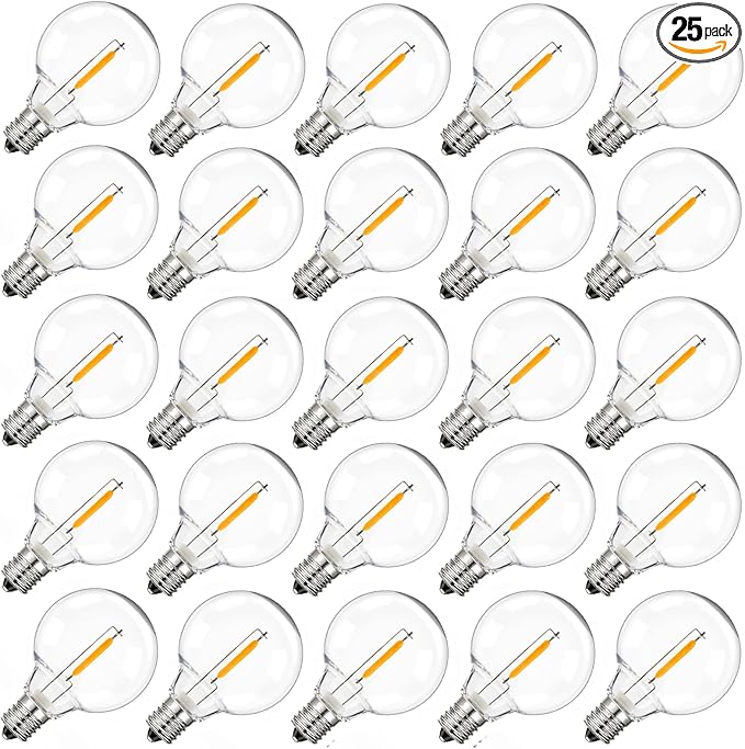 Brightown G40 Solar Replacement Bulbs, E12/C7 Candelabra Screw Base, 3V, 0.15W, 1.5 Inch Shatterproof Globe LED Bulbs Only for Solar Outdoor String Lights, 2700K, Dimmable, Warm White, 25 Pack-VerdiqueGarden