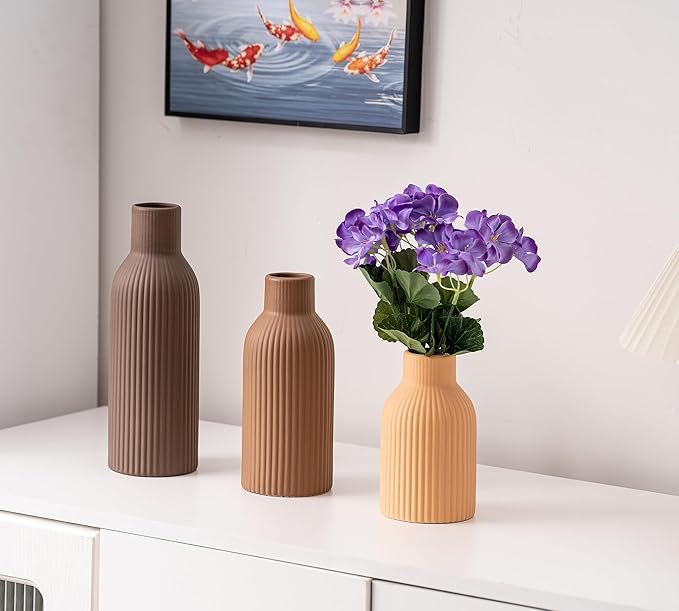 Ceramic Vase Set of 3, Flower Vases for Spring Room Decor, Kitchen Farmhouse, Modern Boho Style(Brown/Dark Brown/Orange)-VerdiqueGarden
