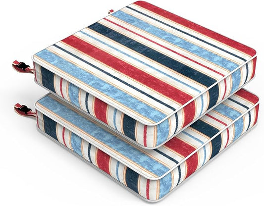 LVTXIII Patio Chair Cushions 22"x22"x3", Water-Repellent Outdoor Seat Cushions for Patio Furniture, Square Chair Pads with Ties for Home Garden Decoration, Set of 2, Stripe Red Blue-VerdiqueGarden
