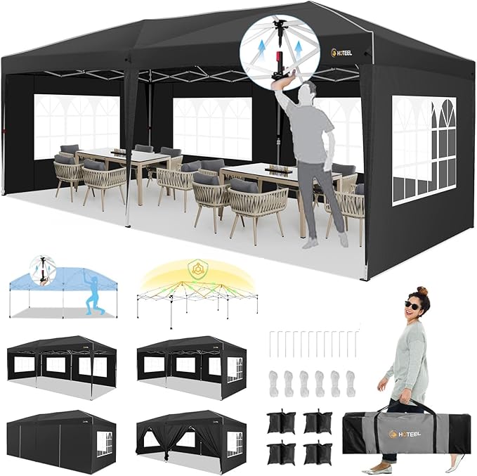 HOTEEL 10x20 Pop up Canopy with 6 Sidewalls, One Push Instant Setup Outdoor Canopy Tent with Reinforce Rod, Weight Bag, for Parties, Events, Black-VerdiqueGarden