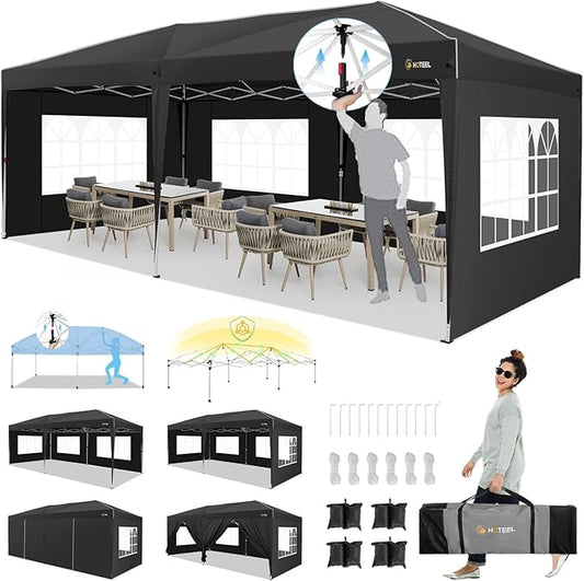 HOTEEL 10x20 Pop up Canopy with 6 Sidewalls, One Push Instant Setup Outdoor Canopy Tent with Reinforce Rod, Weight Bag, for Parties, Events, Black-VerdiqueGarden