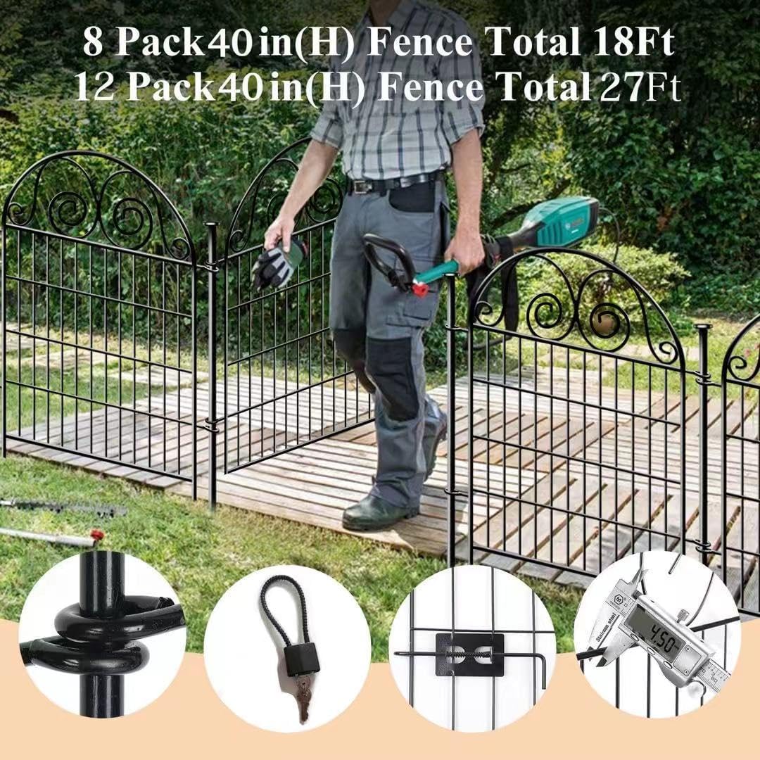 Tall Garden Animal Barrier Fence With Gate,40 in(H)×27 in(L) 12 Panels Dog Digging Fence Barrier, Black Metal Temporary Fences, Reusable Defense Fencing For Outdoor Yard. Total 26.2 Ft│Patented-VerdiqueGarden