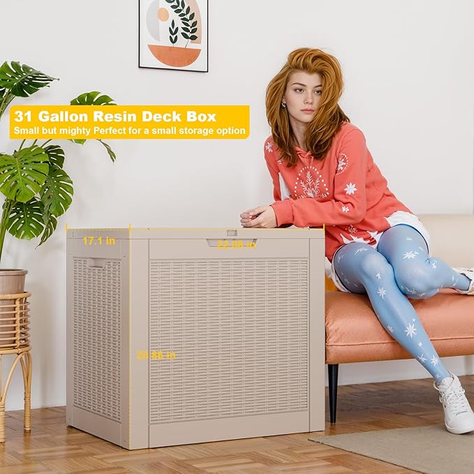 DRATO 31 Gallon Deck Box, Outdoor Storage Box for Patio Cushion, Sports Equipment, Garden Tools, Waterproof Resin Storage Box (Light Brown)-VerdiqueGarden