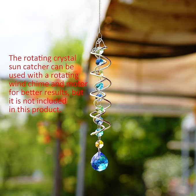 H&D HYALINE & DORA 17.7inch Gazing Ball Spiral Tail,Decorative Wind Spinner Sun Catcher,Rainbow Maker Double-Spiral W/Sea Blue Crystal Ball and Chain,Glass Crystals for Indoor Outdoor Decoration-VerdiqueGarden