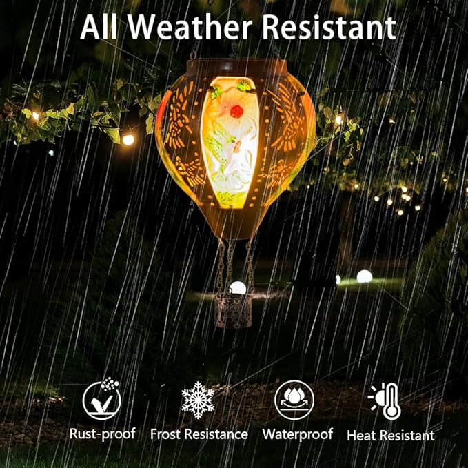 Starsoul Hummingbird Hot Air Balloon Solar Lantern Metal & Glass Solar Hot Air Balloon Hanging Garden Light Waterproof Outdoor Lantern for Patio Yard Party Decorations-VerdiqueGarden