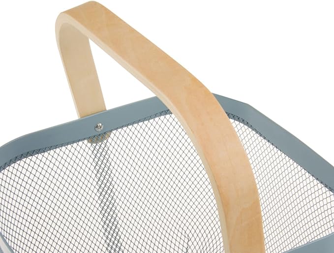 Metal Mesh Steel Basket, Storage Organizer Basket Multi-functional Hanging Kitchen Baskets Fruit Basket Bin with Bamboo Handle for Kitchen Bathroom Picnic Shopping Decor Cabinet Home, Blue-VerdiqueGarden