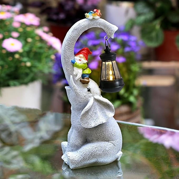 Elephant Statues Garden Decor - Lucky Elephant Outdoor Statues with Solar Powered Lantern, Elephant Statue Gifts for Women,Resin Yard Art for Outdoor & Home Decor(11" Elephant)-VerdiqueGarden