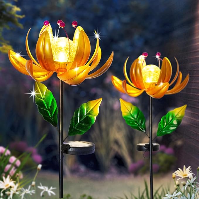 Solar Lights Wind Spinners for Yard and Garden - Metal Lotus Flower Windmills LED Crackle Glass Globe Outdoor Garden Decor Yard Art Lawn Ornament-VerdiqueGarden