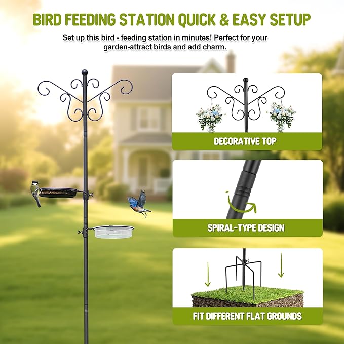 MIXXIDEA Bird Feeding Station Bird Feeder Pole with 5-Prong Base Hanging Hooks Water Bath Mesh Tray Wind-Resistant Water Bowl with Metal Snap Fastening for Outdoors to Attract Wild Birds-VerdiqueGarden