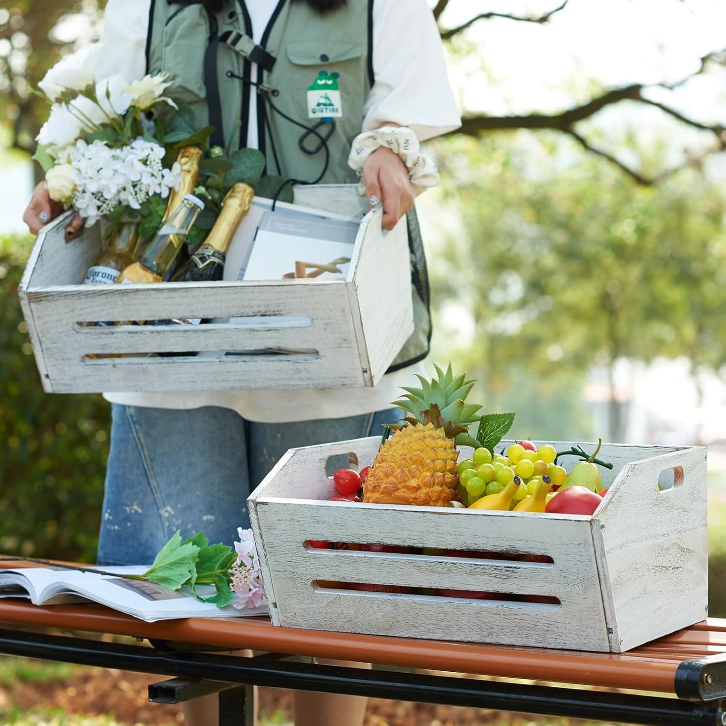ELONG HOME Wooden Crate, 2 Pack Fast Assemble Wooden Crate for Storage, Decorative Farmhouse Wooden Crate Basket, Vintage Wood Crates Display for Fruits and Vegetables-VerdiqueGarden