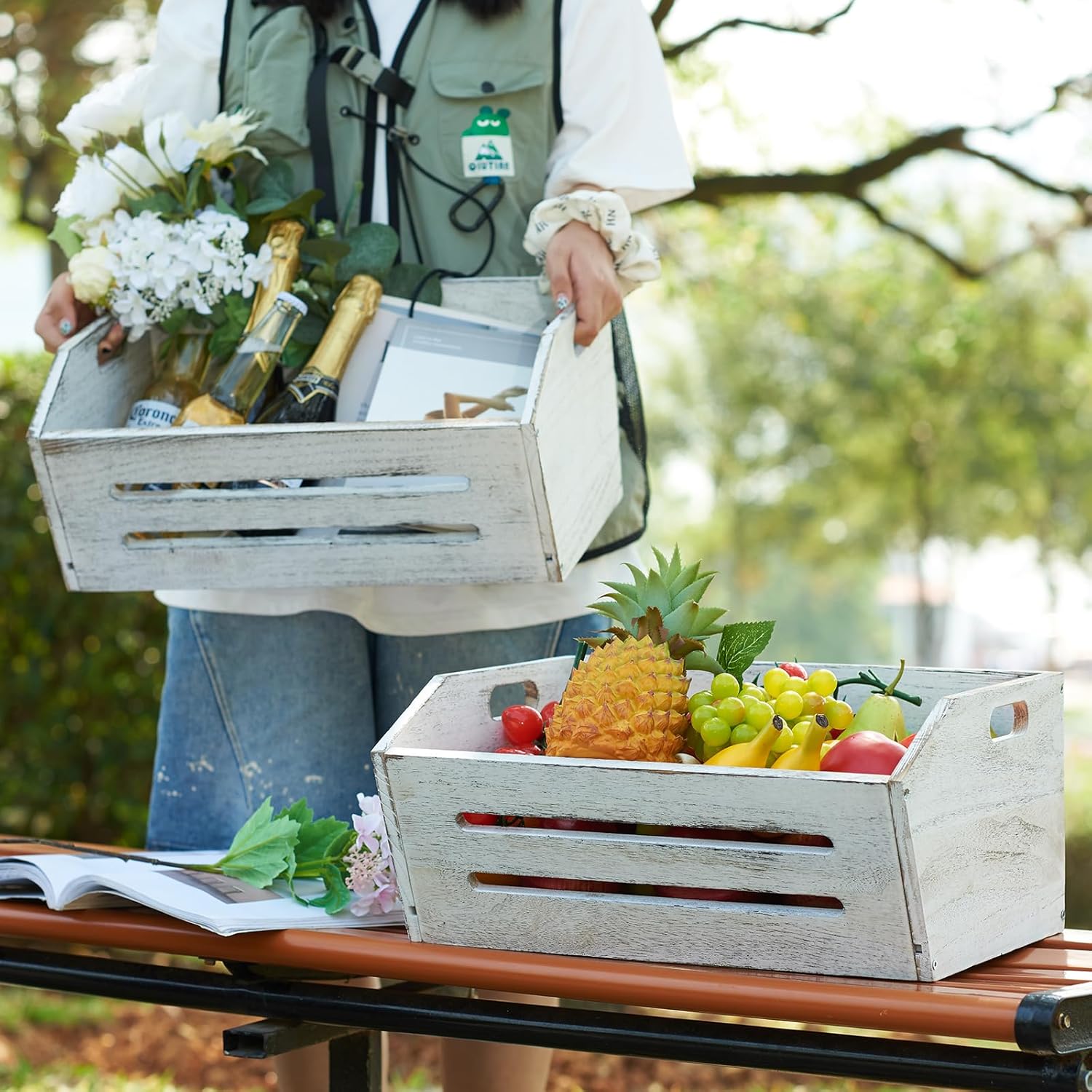 ELONG HOME Wooden Crate, 2 Pack Fast Assemble Wooden Crate for Storage, Decorative Farmhouse Wooden Crate Basket, Vintage Wood Crates Display for Fruits and Vegetables-VerdiqueGarden