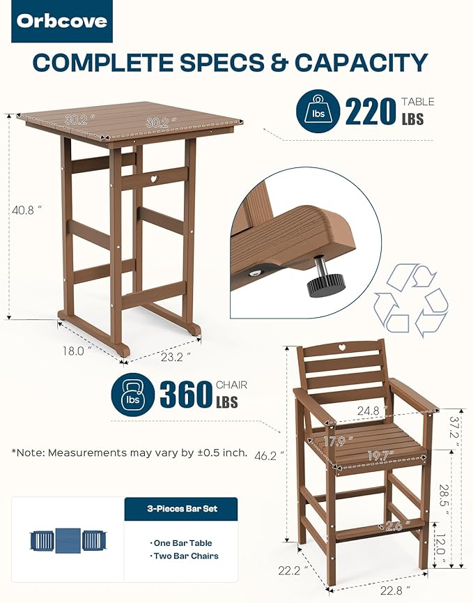 5-Piece Bar Height Outdoor Table and Chairs Set, HDPE Wood Grain Patio Bar Table and Chairs with Heart Cutout Design, Weather-Resistant Bar Height Furniture for Deck, Porch, Pool (Teak)-VerdiqueGarden
